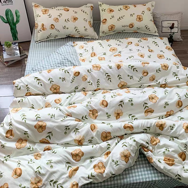 Bộ chăn ga gối cotton PL1 - Hoa Nâu - TẶNG 01 MÓC KHÓA HOUSTON
