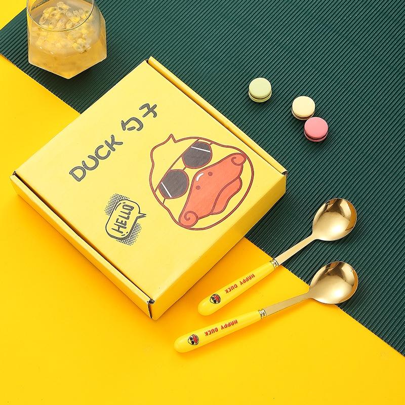 SET 6 MUỖNG THÌA INOX VỊT VÀNG DUCK CÁN DÀI DỄ THƯƠNG KÈM HỘP ĐỰNG XINH XẮN