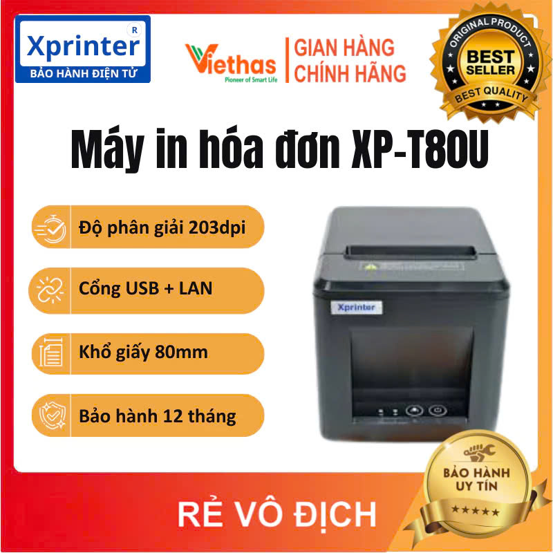 Máy in bill, in hóa đơn K80 chính hãng Xprinter XP-T80U cổng USB, LAN in bill từ điện thoại và máy tính - Hàng Chính Hãng