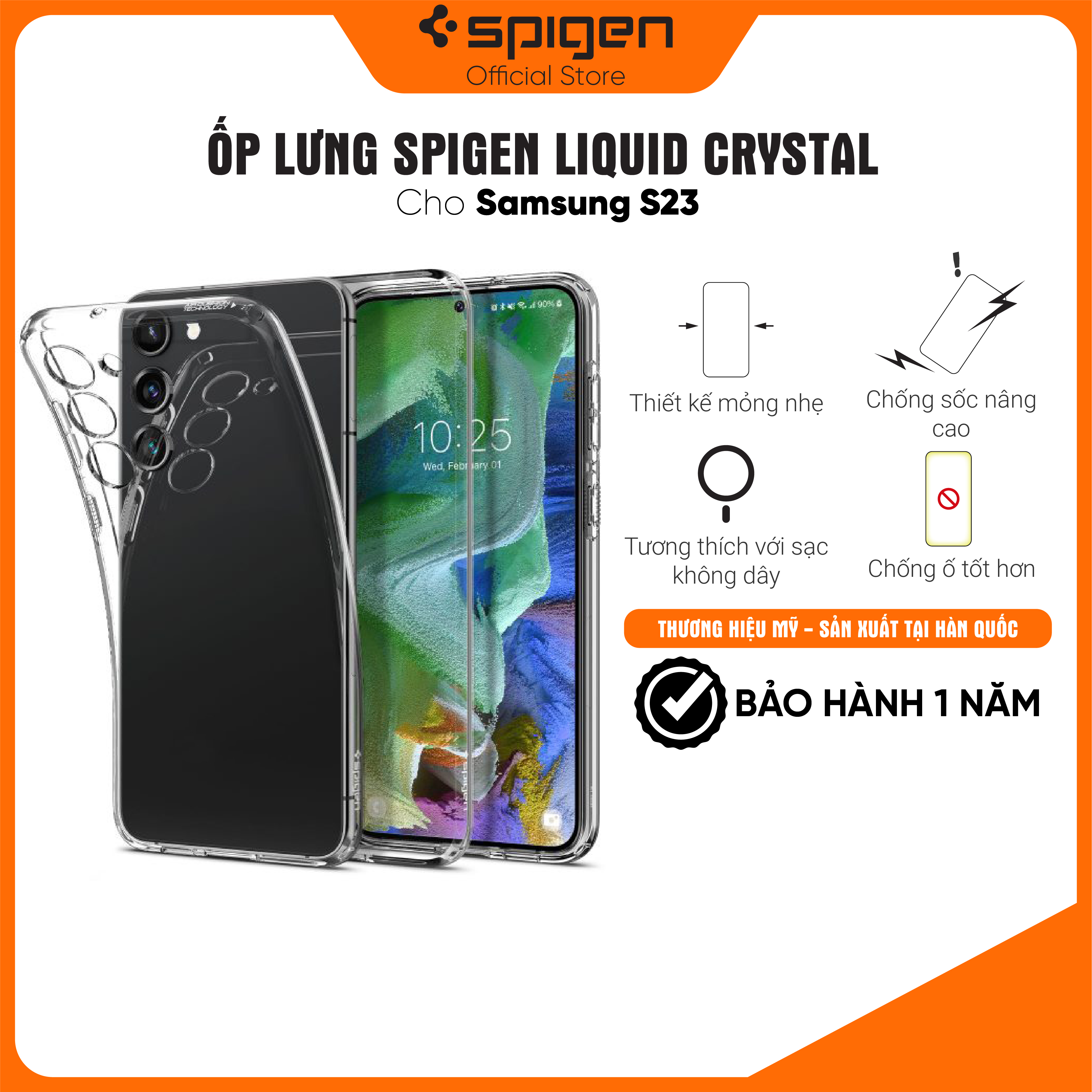 Ốp lưng Spigen Liquid Crystal cho Samsung Galaxy S23 - Thiết kế trong suốt, chống sốc, chống ố, chống bẩn, viền camera cao - Hàng chính hãng
