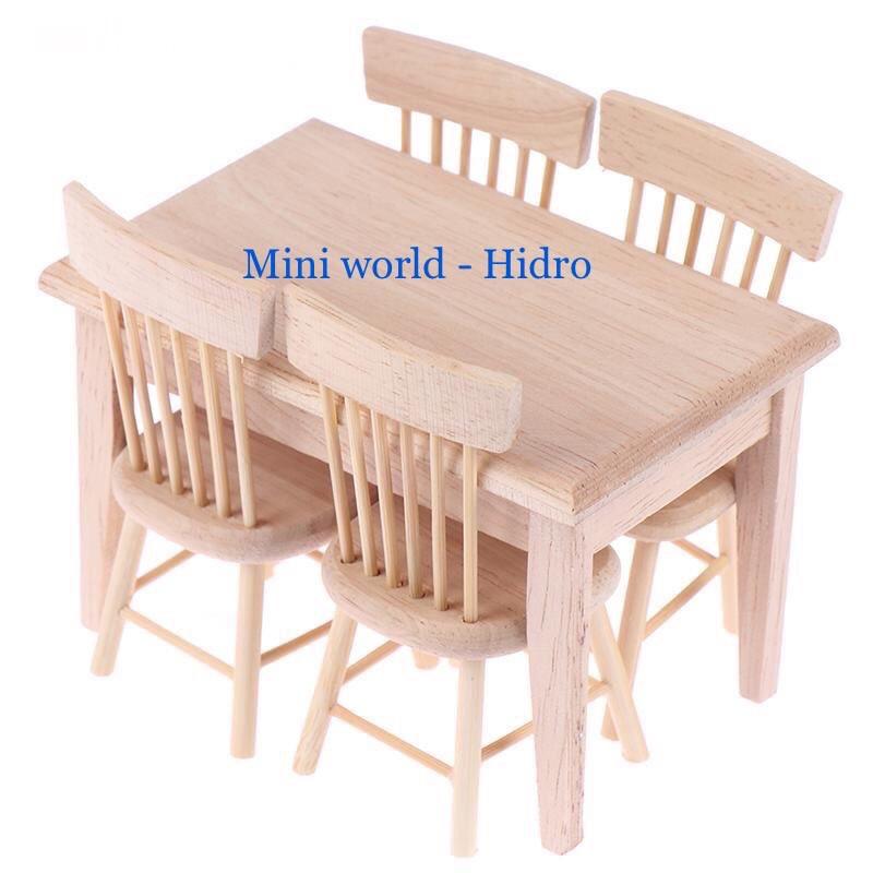 Bộ bàn ghế trang trí nhà búp bê. Bàn ghế ăn mini cho búp bê. Bàn ghế mini tỉ lệ 1/12. Mô hình bàn ghế gỗ