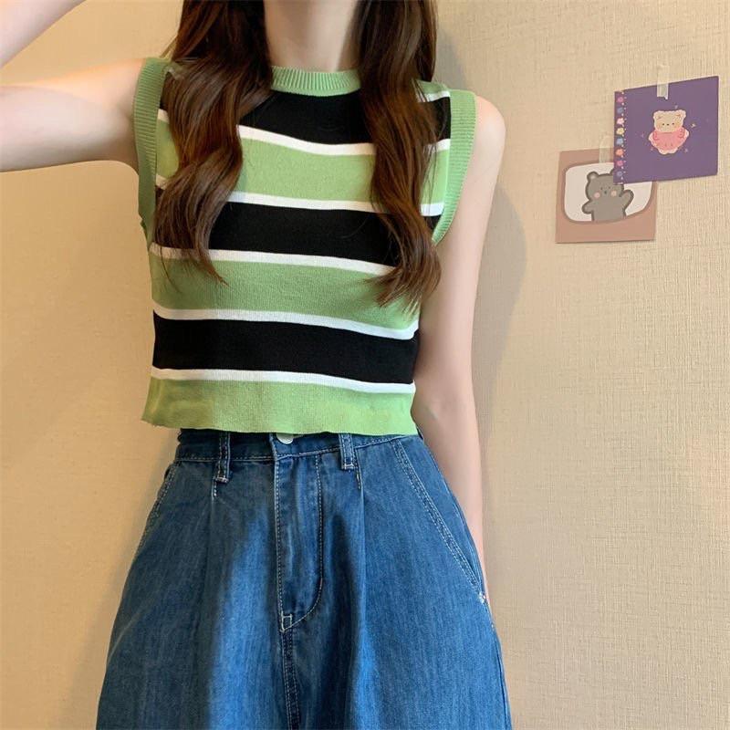 Áo len ba lỗ nữ croptop kẻ ngang hót hít hàng Quảng Châu