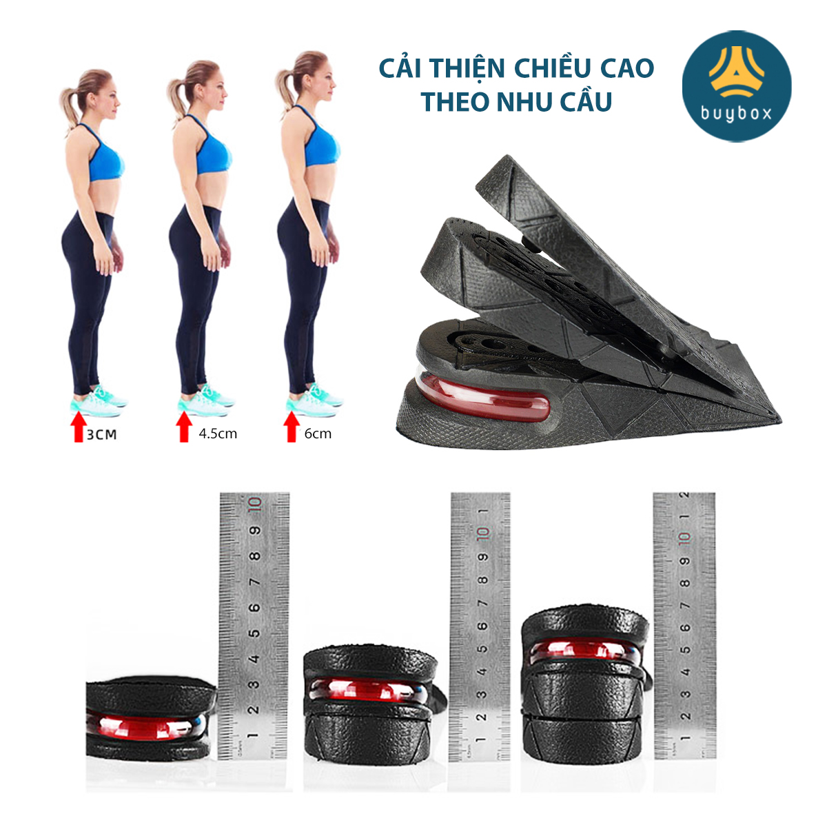 Lót giày độn đế nửa bàn chân tăng chiều cao 3cm, 4.5cm, 6cm  đế cao su dẻo cấu trúc tổ ong thoáng khí - buybox - BBPK354