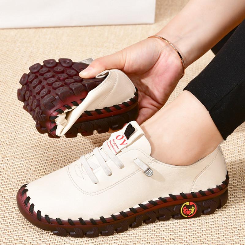 Giày nữ giản dị mới Giày mùa thu Nền tảng giày đế bệt Lace Up Women Sneakers Leather Flats Mom Shoe Mujer Zapatos Zapatos de Mujer Color: Black suture Shoe Size: 35