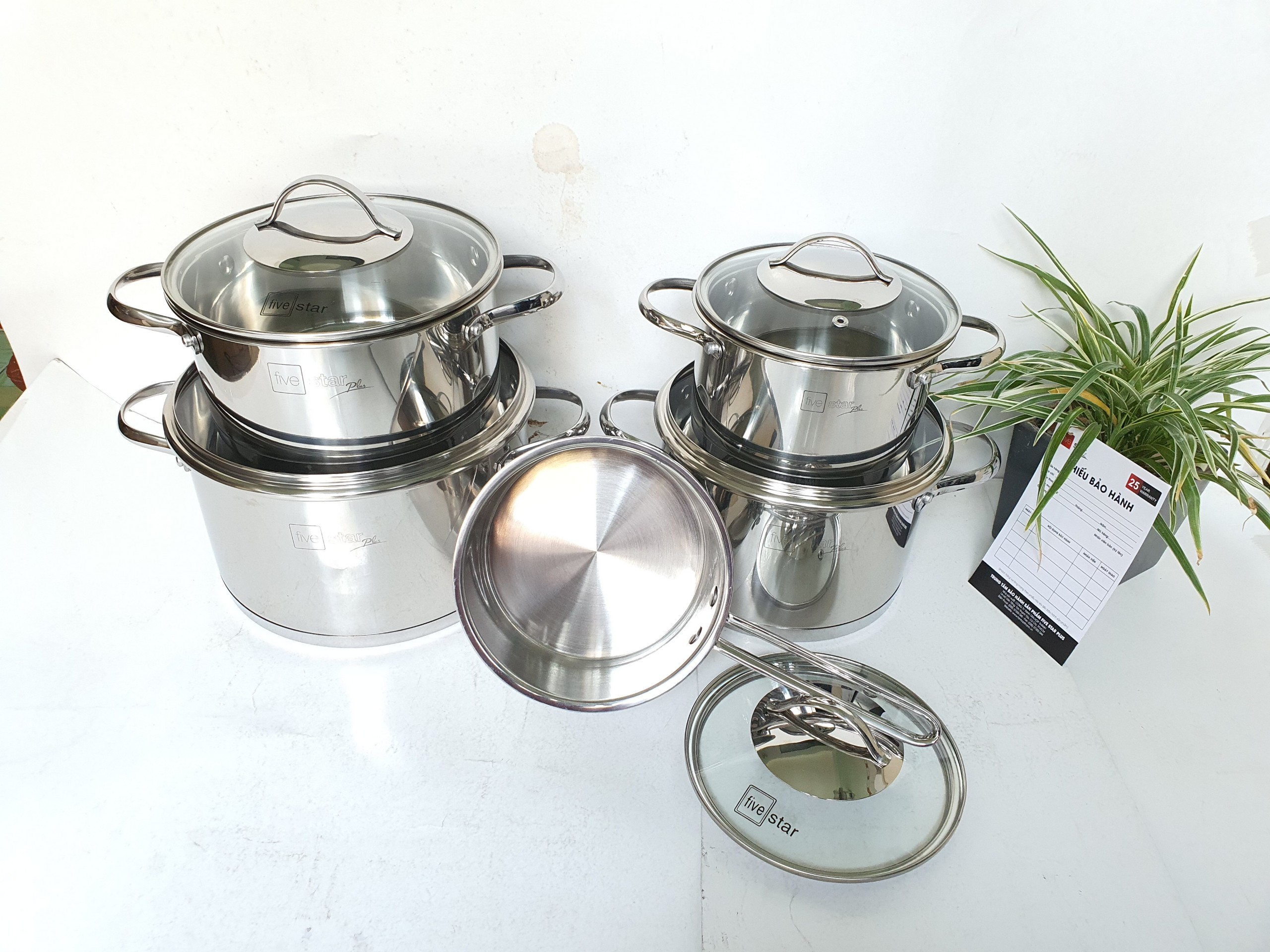 Combo bộ nồi xửng hấp inox cao cấp Fivestar 6 món 3 đáy từ nắp kính , dùng tốt bếp từ , hồng ngoại , gas