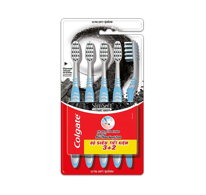 Bộ 5 Bàn chải Colgate Slimsoft Between Charcoal lông chải mềm mảnh xen sợi phủ than hoạt tính (Màu Ngẫu Nhiên)