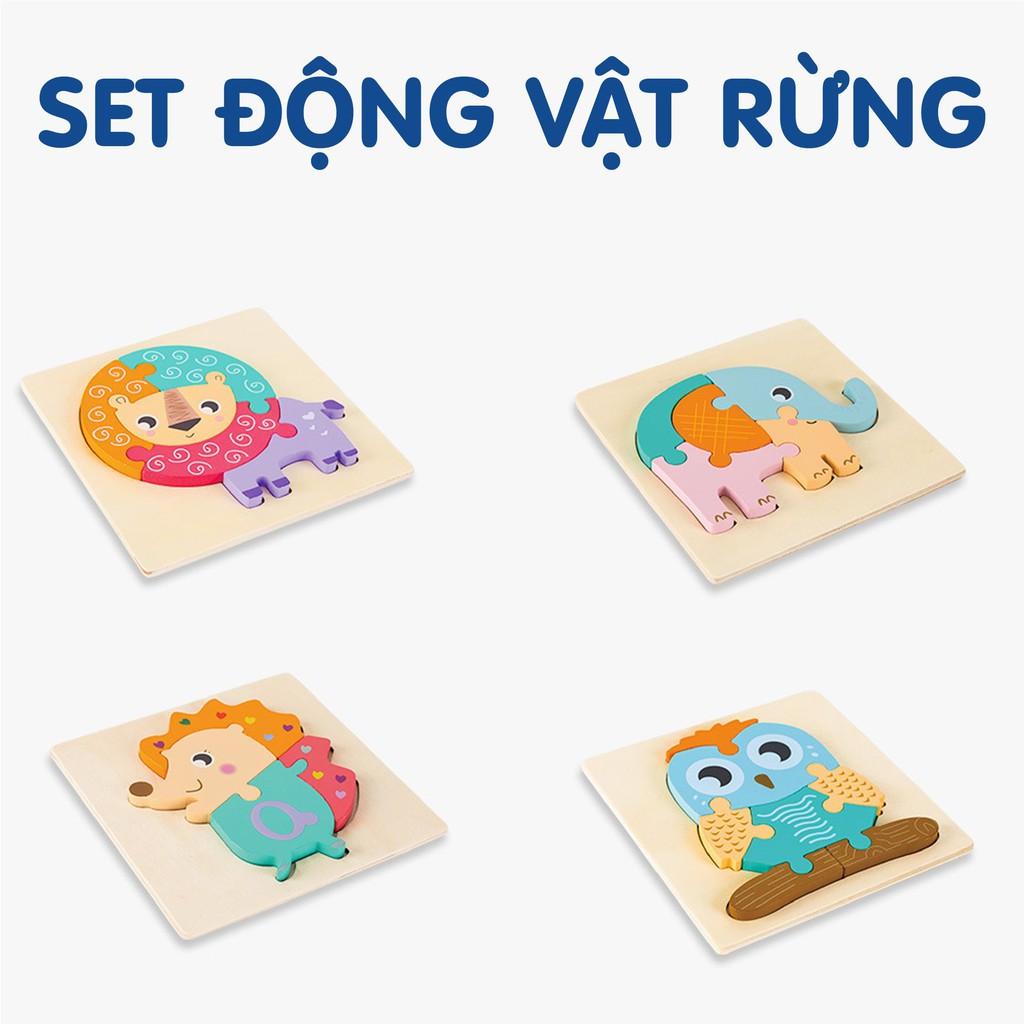 Ghép hình gỗ bộ cua cá ếch, bộ động vật rừng, bộ giao thông 1 set gồm 4 hình