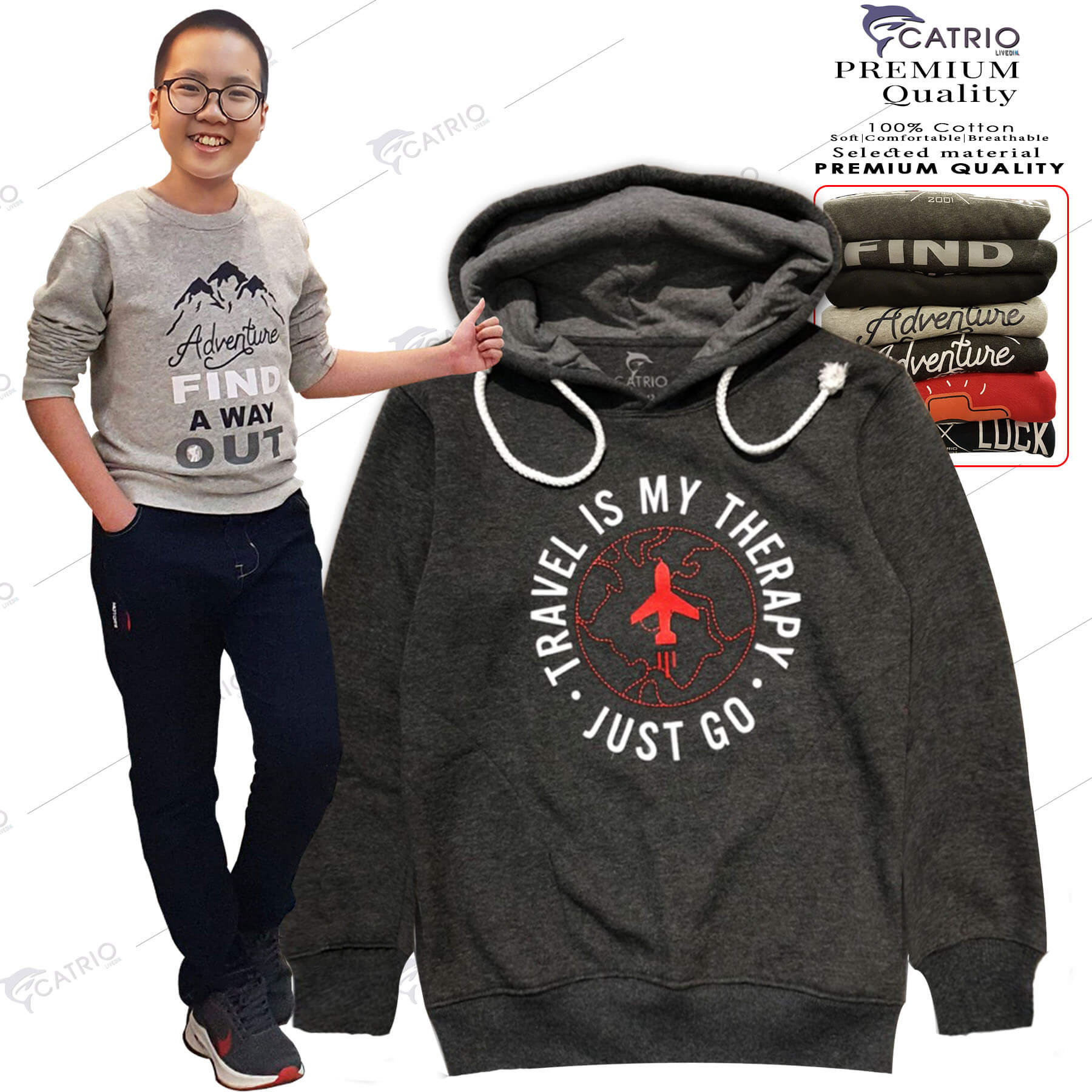 ÁO HOODIES TRẺ EM CATRIO in TÊN LỬA là áo thun dài tay có mũ có túi thời trang, vải 100% cotton dày, ấm mùa thu đông phù hợp với trẻ em bé trai, bé gái từ 9 tuổi 32kg .. 16 tuổi 55kg kết hợp quần dài cotton CATRIO thành bộ đồ đẹp MÀU CHUỘT