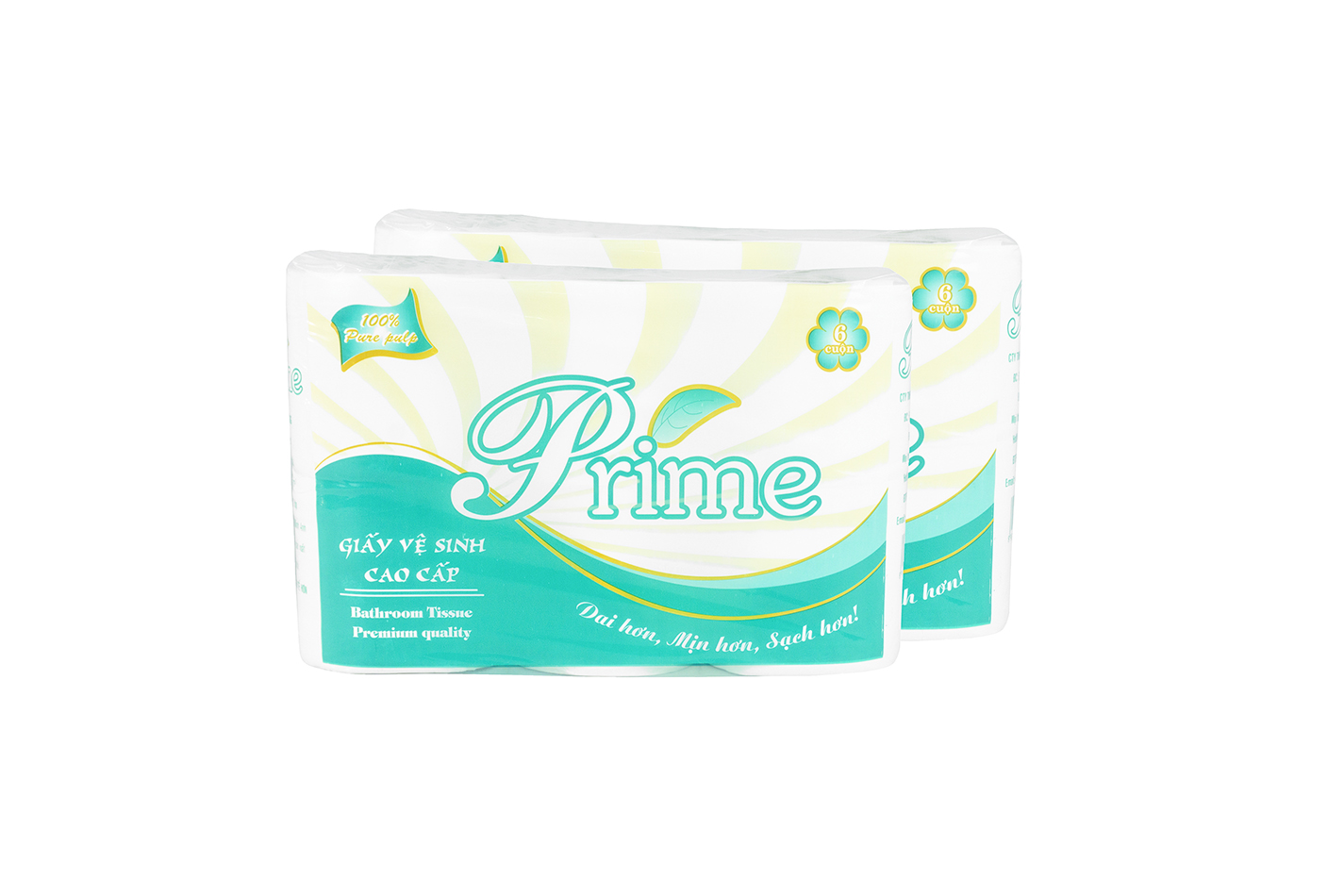 GIẤY VỆ SINH 6 CUỘN PRIME 3 LỚP CÓ LÕI - COMBO 2 DÂY MÀNG XANH