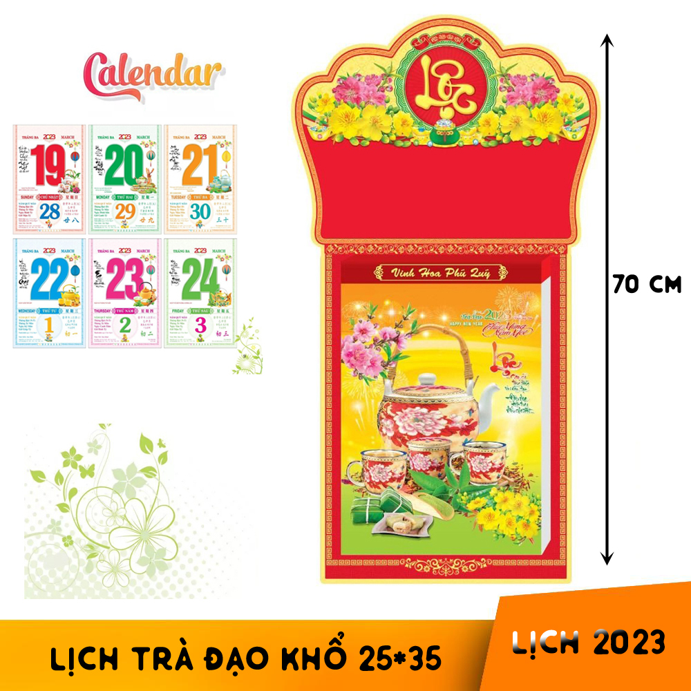 Lịch Trà Đạo lớn bloc 2024 loại lớn chiều dài tổng 60 cm trà đạo mừng xuân Giáp Thìn kích thước khổ bloc 20 * 30