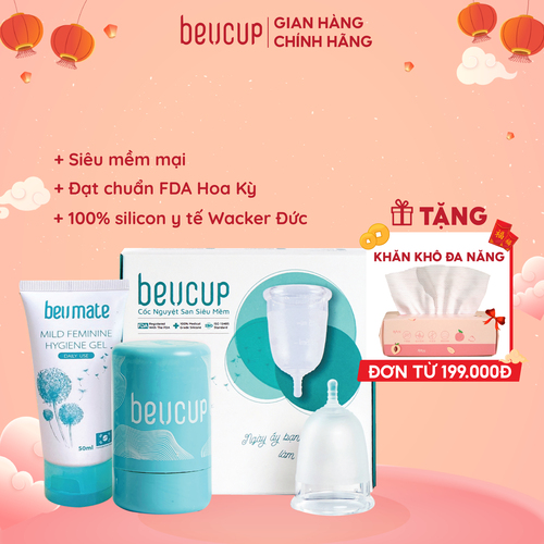 Bộ Sản Phẩm Cốc Nguyệt San BeU Cup 40ml, Siêu Mềm Hardness 40, Chuẩn FDA HOA KỲ, 100% silicone Y Tế WACKER ĐỨC, ISO 13485 Chuẩn thiết bị y tế loại A, HÀNG CHÍNH HÃNG