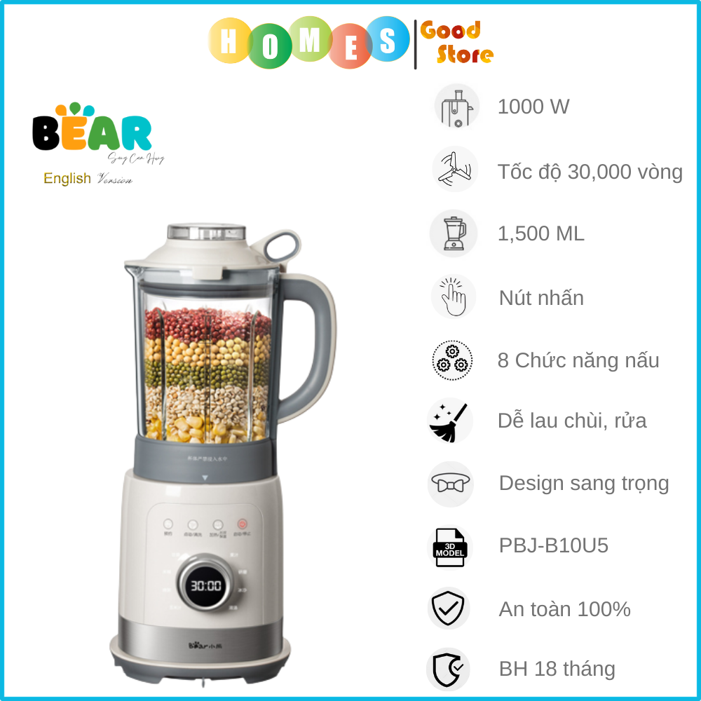 Máy Làm Sữa Hạt Cách Âm Bear PBJ-B10U5 8 Chức Năng Xay Nấu - Hàng Nhập Khẩu