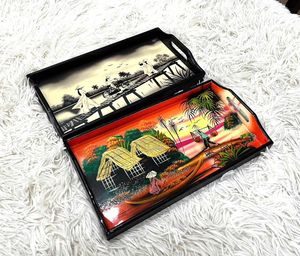 Khay gỗ sơn mài cao cấp size 27x15x2.5 cm đẹp mắt, sang trọng, quà tặng ý nghĩa