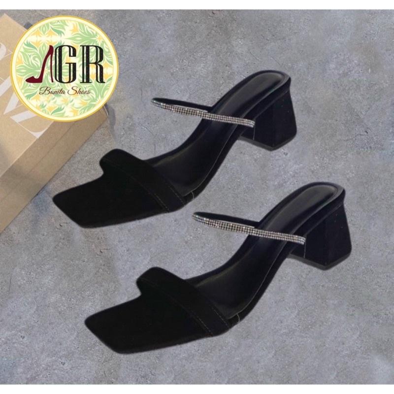 Guốc nỉ phối dây đá sáng gót vuông 6p