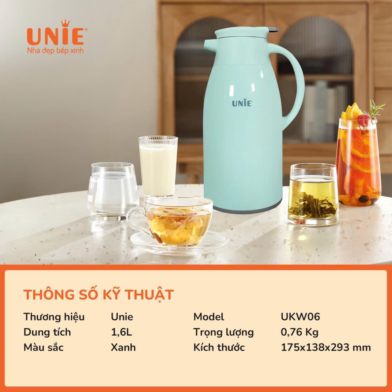 [Hàng chính hãng] Phích giữ nhiệt Unie UKW06 1.6 Lít - giữ nhiệt đến 24h, chống đổ vỡ, cháy nổ - Thân bọc nhựa cao cấp, đế chống trượt hạn chế đổ vỡ