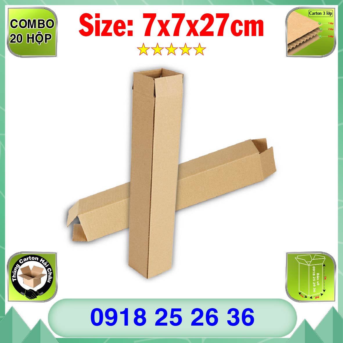  20 Hộp Carton, KT: 7x7x27cm, Hộp carton, Thùng carton, Hộp đóng hàng, Thùng đóng hàng, Hộp carton 3 lớp...