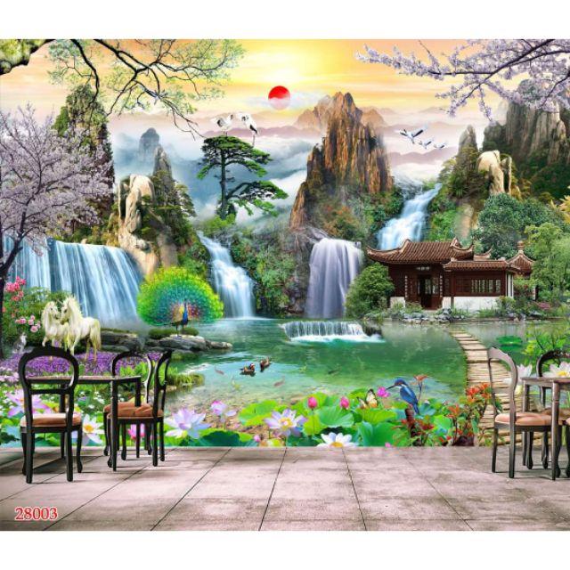 Tranh dán tường 3d phòng khách sơn thủy hữu tình