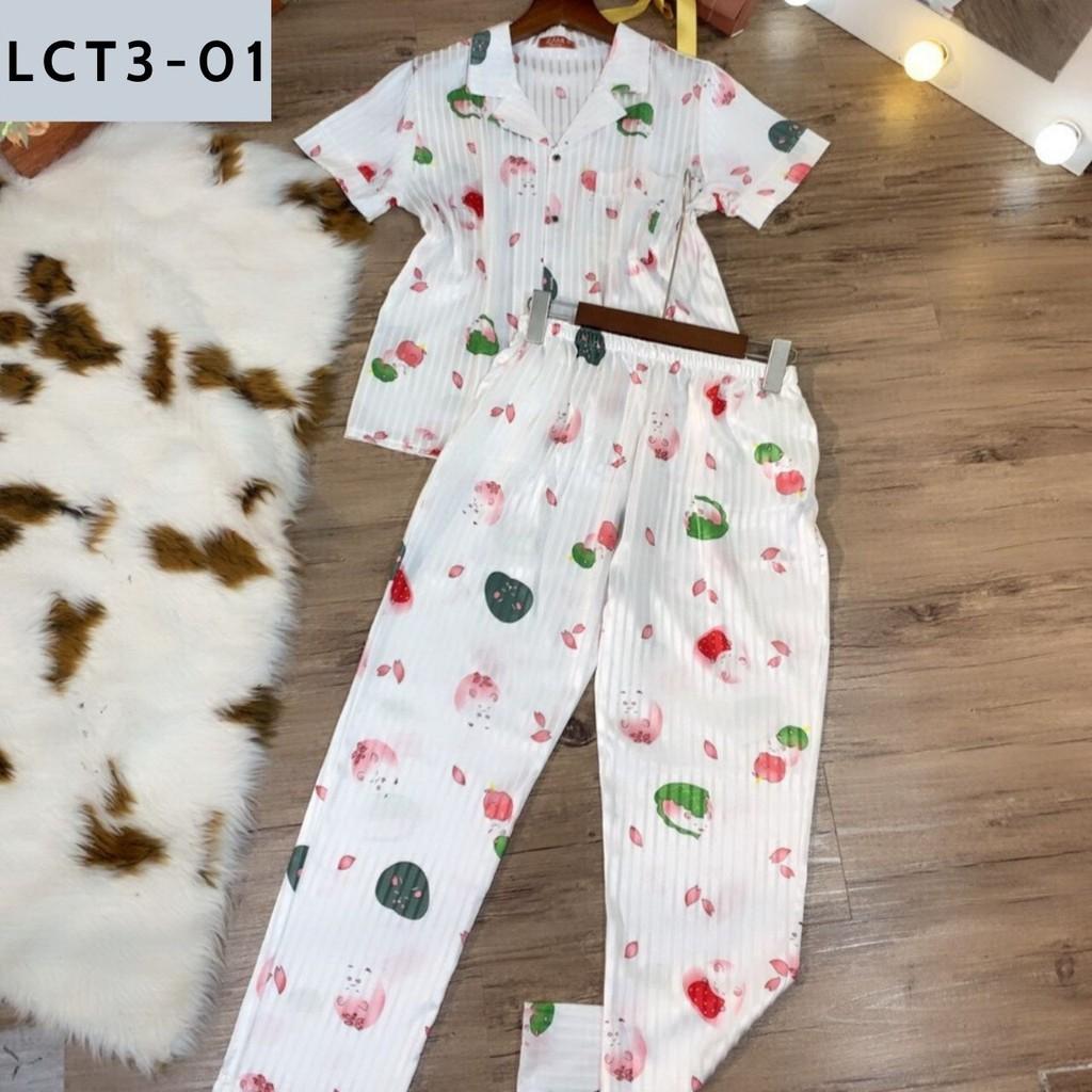 BỘ PIJAMA LỤA GẤM TAY NGẮN QUẦN DÀI HỌA TIẾT CỰC XINH