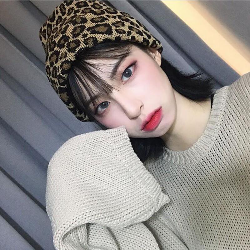 Mũ len mềm họa tiết da báo phong cách retro