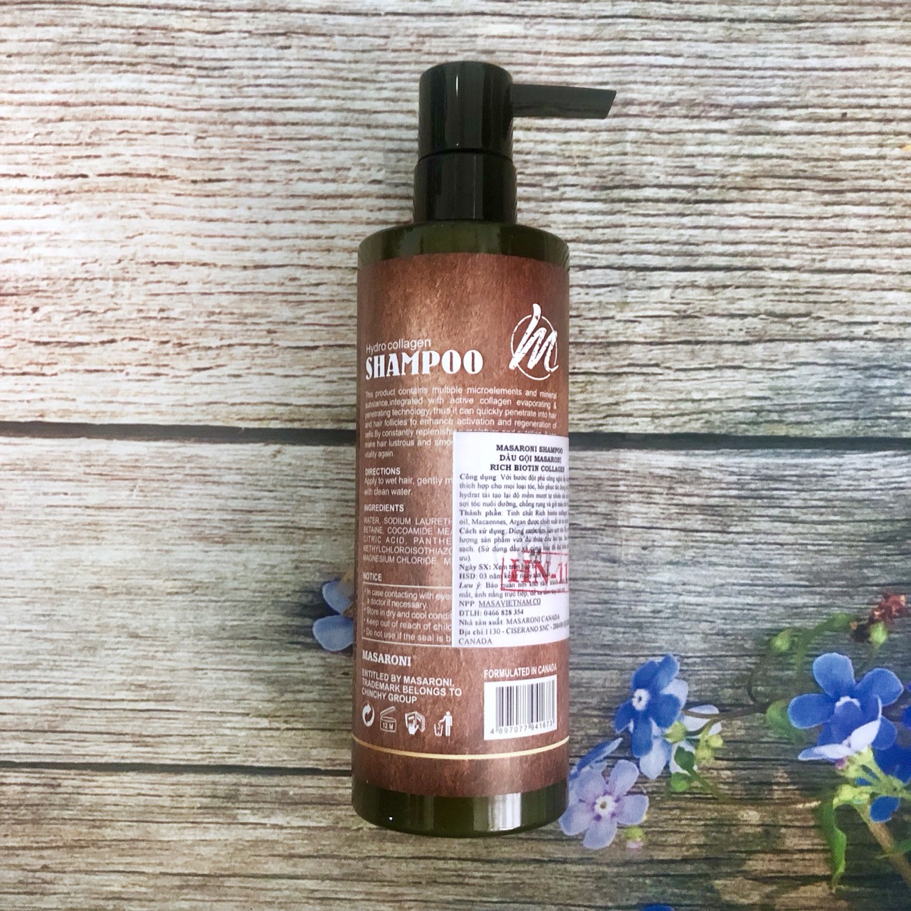 [+Tặng mũ trùm] Dầu gội Masaroni Rich Biotin Hydro Collagen Shampoo phục hồi siêu mượt tóc Canada 500ml