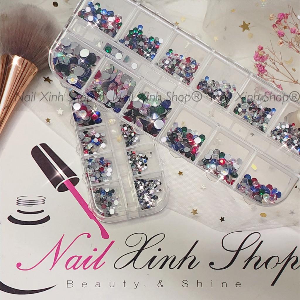 Khay nail 12 ô, phụ kiện trang trí móng tay, đá nail AB, đá chân bạc (1440 viện đá mix size/set) phụ kiện nail hot 2020