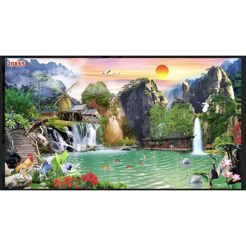 Tranh phong cảnh dán tường 3d. tranh in vải lụa chống ẩm mốc, siêu bền