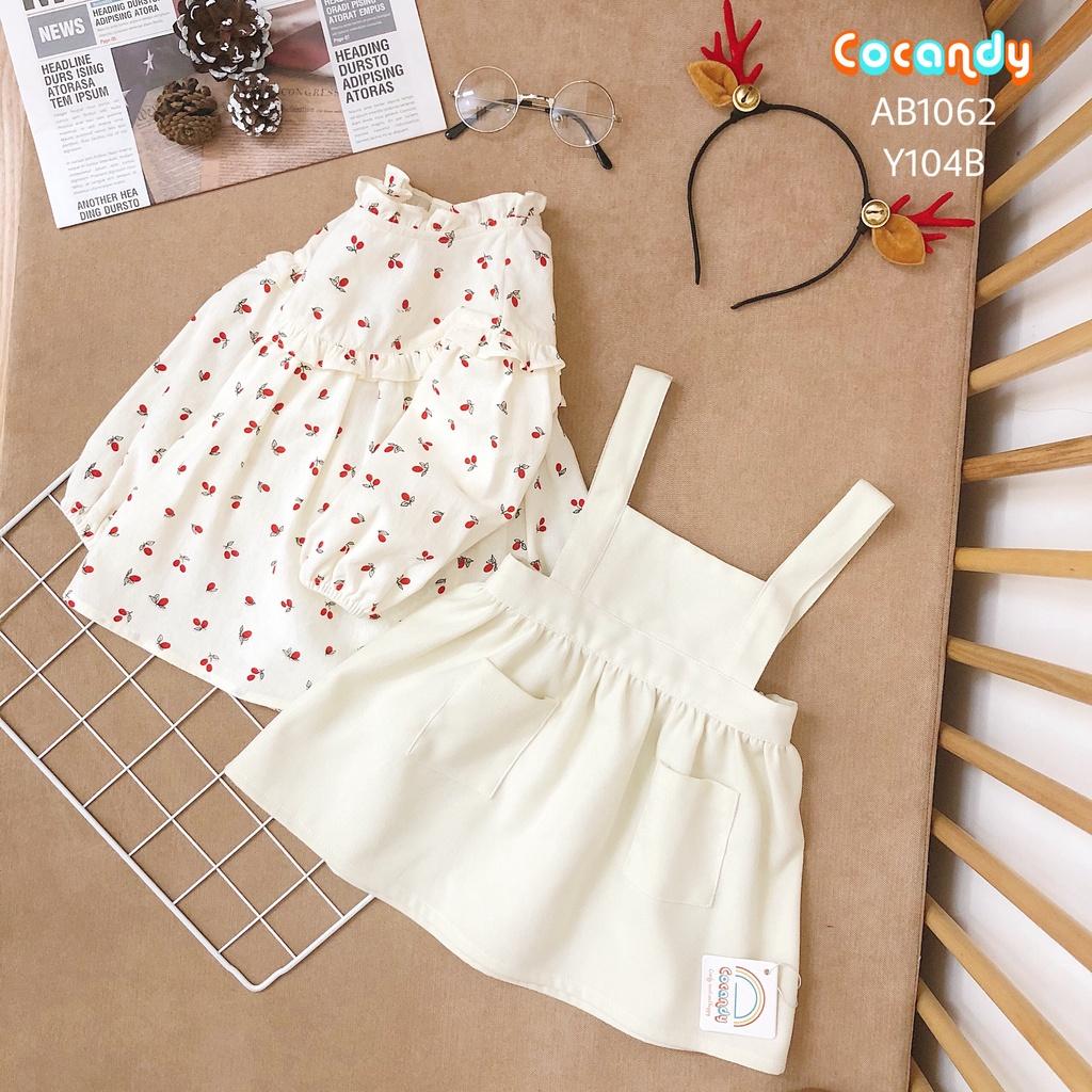 Set đồ cho bé -Áo babydoll trắng cherry đỏ và váy yếm nhung be cho bé của COCANDY mã AB106201, Y104B