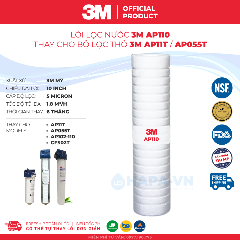 Lõi Lọc 3M AP110 RT20B16G20NN Thay Cho Bộ Lọc Thô 3M 10 inch 20 inch - Nhập Khẩu Mỹ, Hàng Chính Hãng 3M