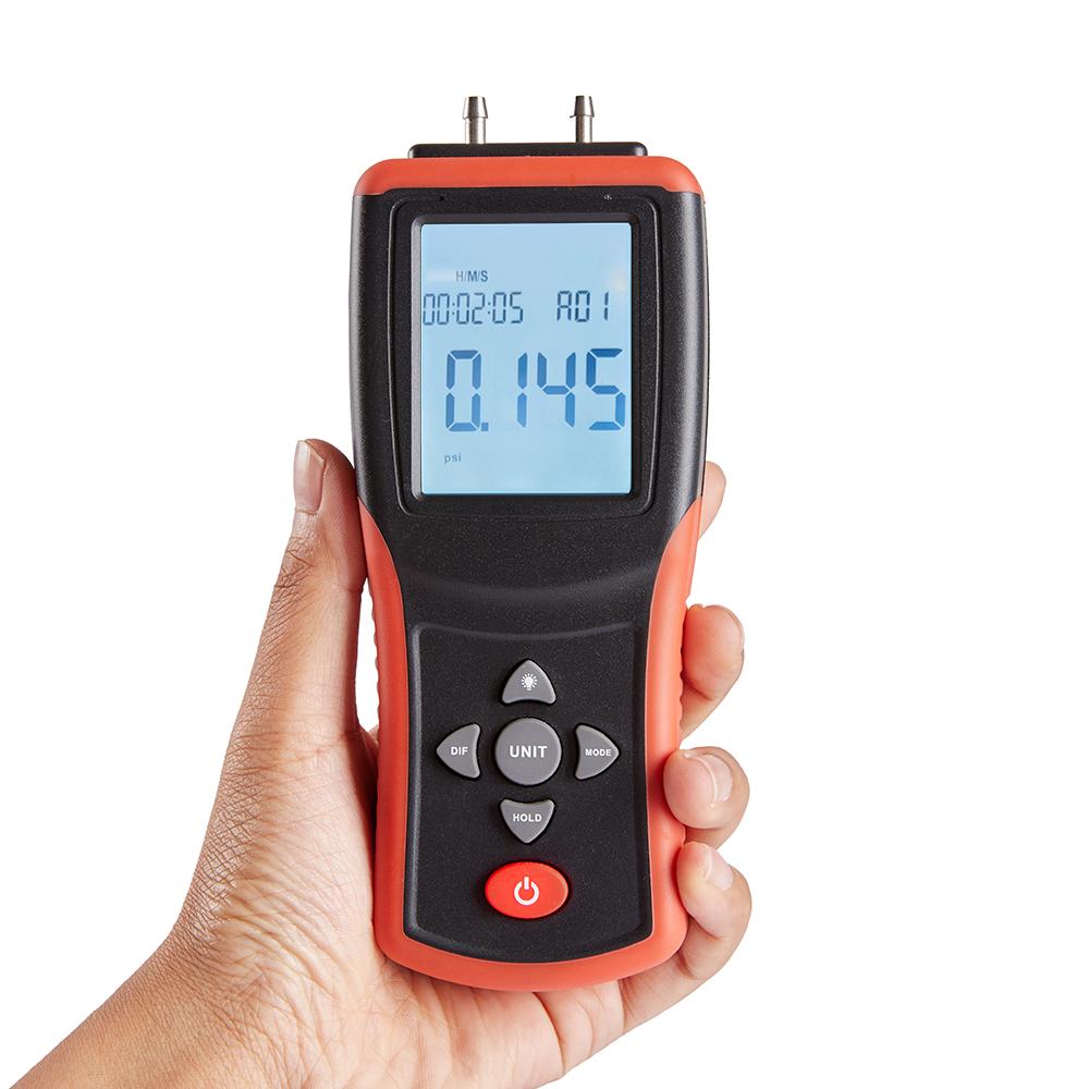 Digital Manometer 2.4-inch LCD High Precision Hand-held Dual-port Manometer ±2Psi Differential Air Pressure Gauge Tester with 12 Units