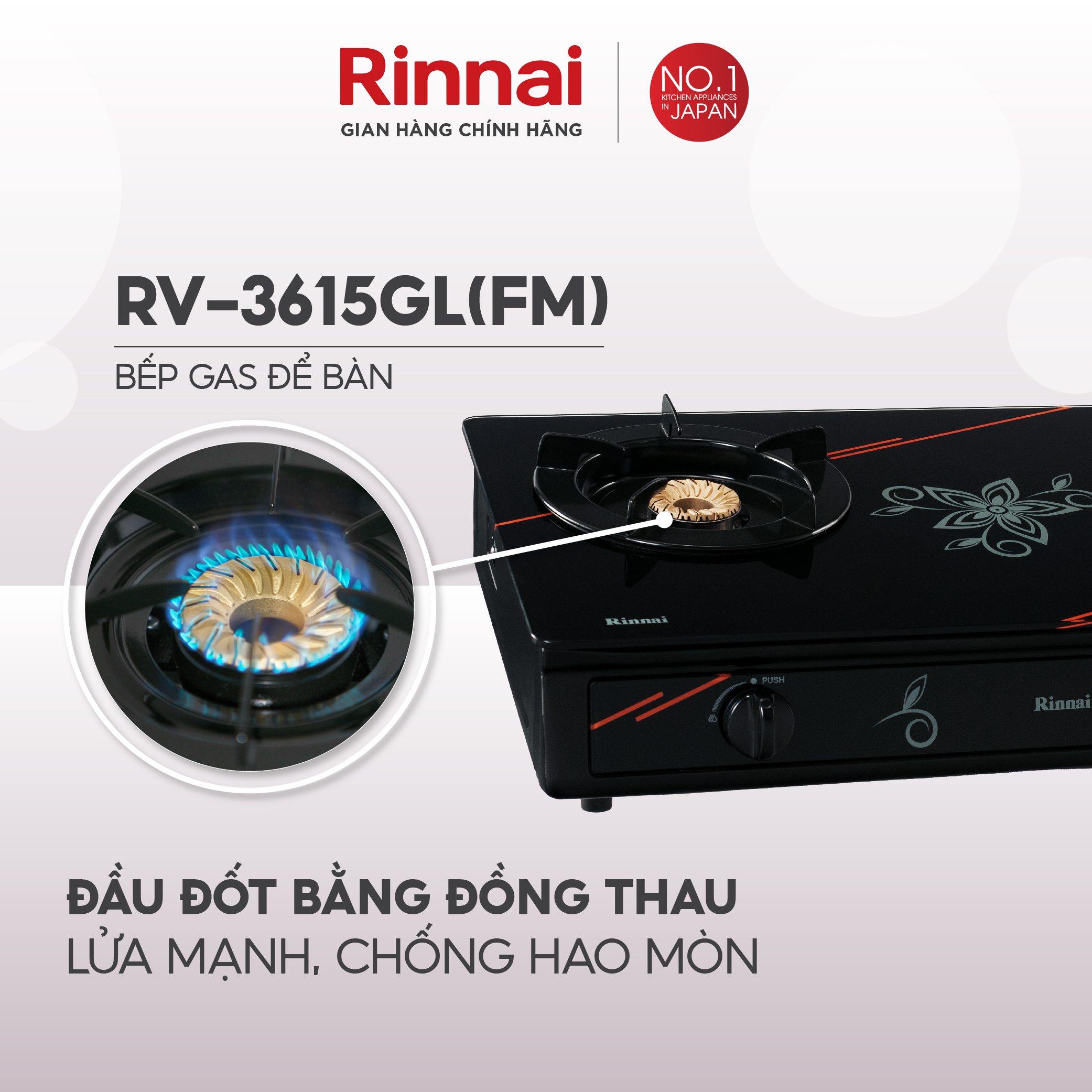 Bếp gas dương Rinnai RV-3615GL(FM) mặt bếp kính và kiềng bếp men - Hàng chính hãng.