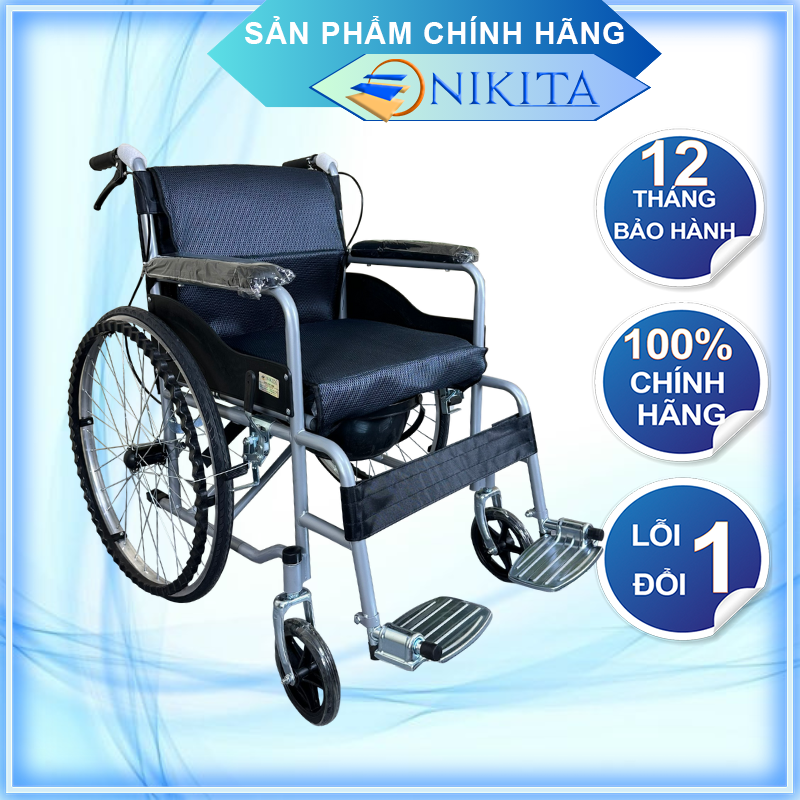 Xe lăn tay có tích hợp bô vệ sinh kèm đệm, tấm lót tựa lưng và chổ ngồi vải tổ Ong thoáng khí có thể tháo rời để vệ sinh - S213-3+D