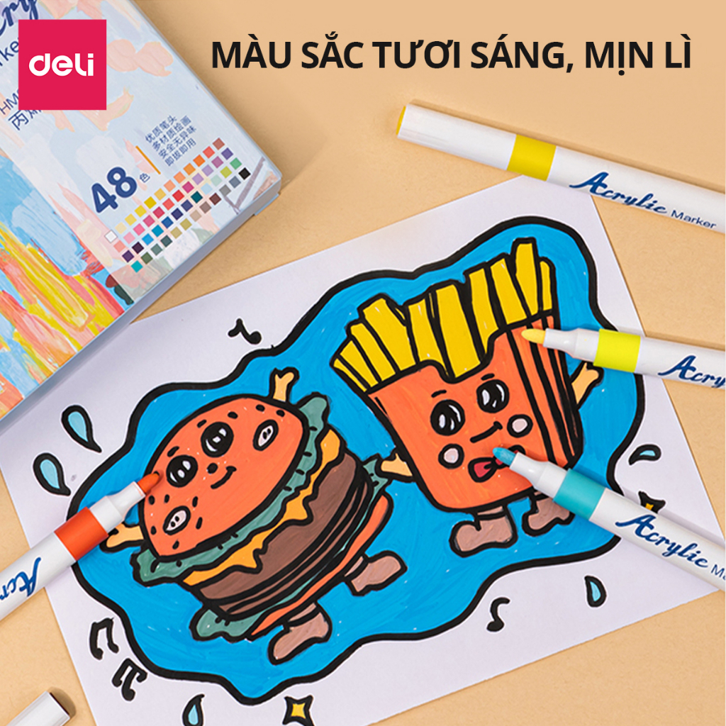 Bút Sơn Acrylic Marker Cao Cấp Deli - 12/24/36/48 Màu Chống Nước Vẽ Trên Mọi Chất Liệu - Tô Màu DIY Vẽ Giày Vải Chai Lọ