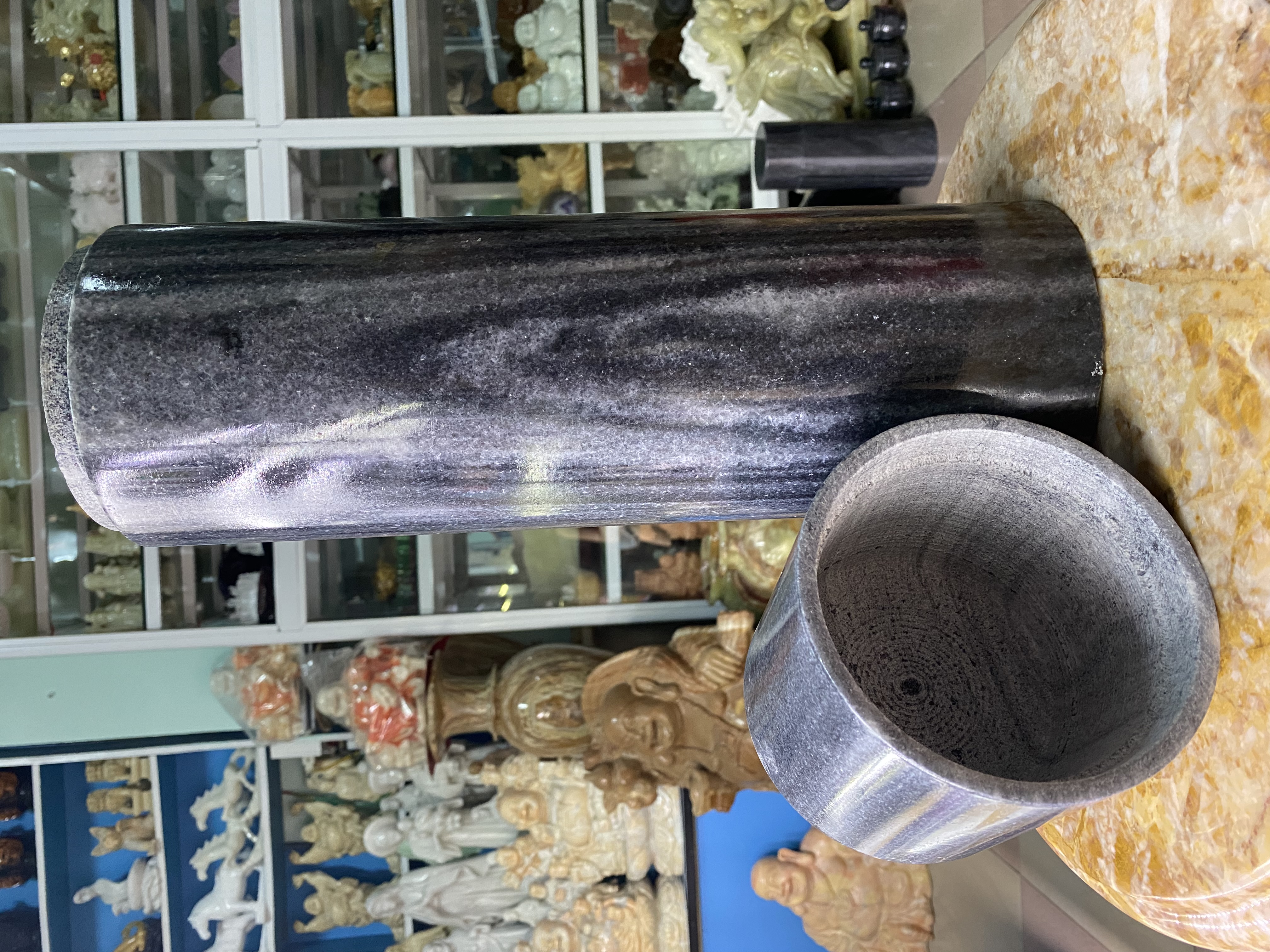 Ống Hương, Ống Đựng Hương Có Nắp Đậy Đá Cẩm Thạch Đen - cao 46.5cm