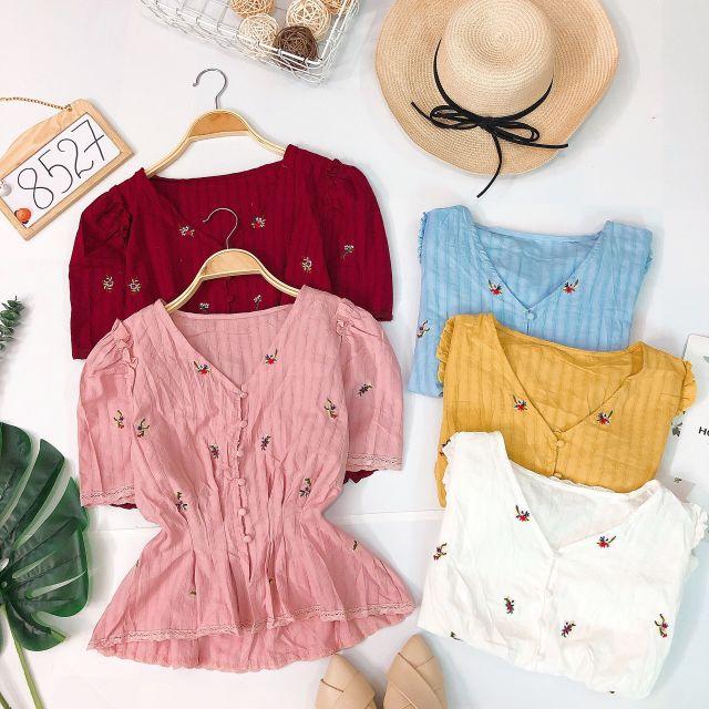 ÁO NÚT BỌC THÊU HOA NHÚN EO - ÁO KIỂU PEPLUM XẾP LY