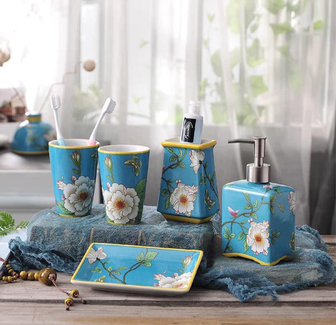 Set nhà tắm sứ cao cấp Olive UK họa tiết hoa 5 món hàng chính hãng