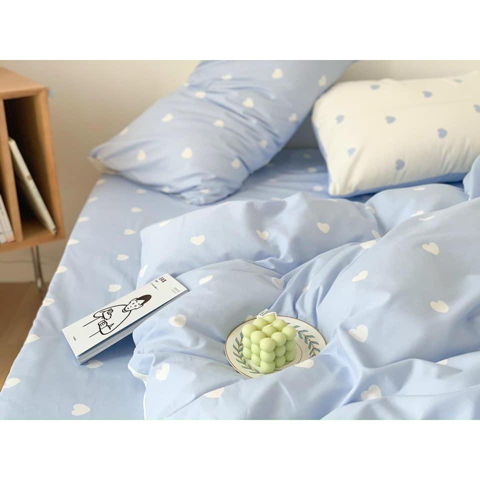 Bộ Chăn Ga Gối Cotton Poly Tim Trắng Phối Xanh