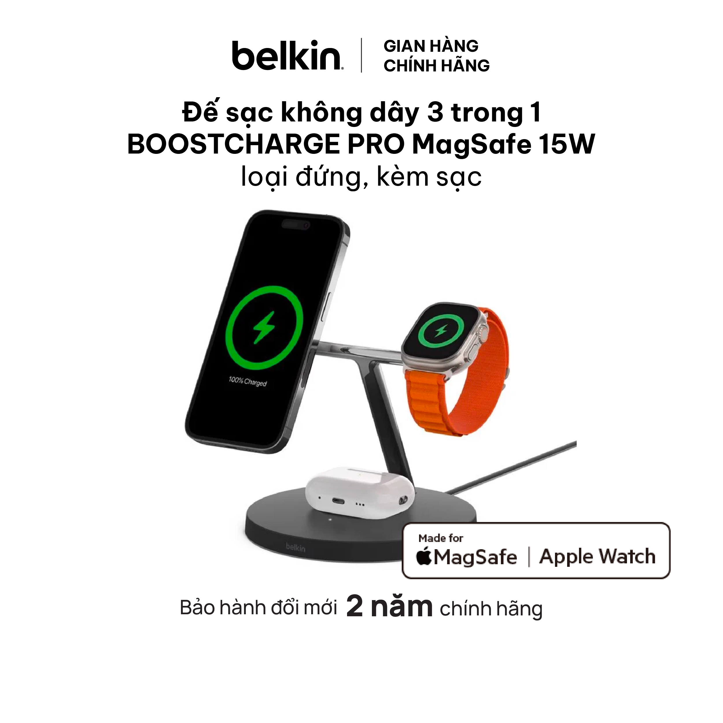 Đế sạc không dây 3 trong 1 BOOST↑CHARGE PRO Belkin Mag-Safe 15W WIZ017dq - Hàng chính hãng