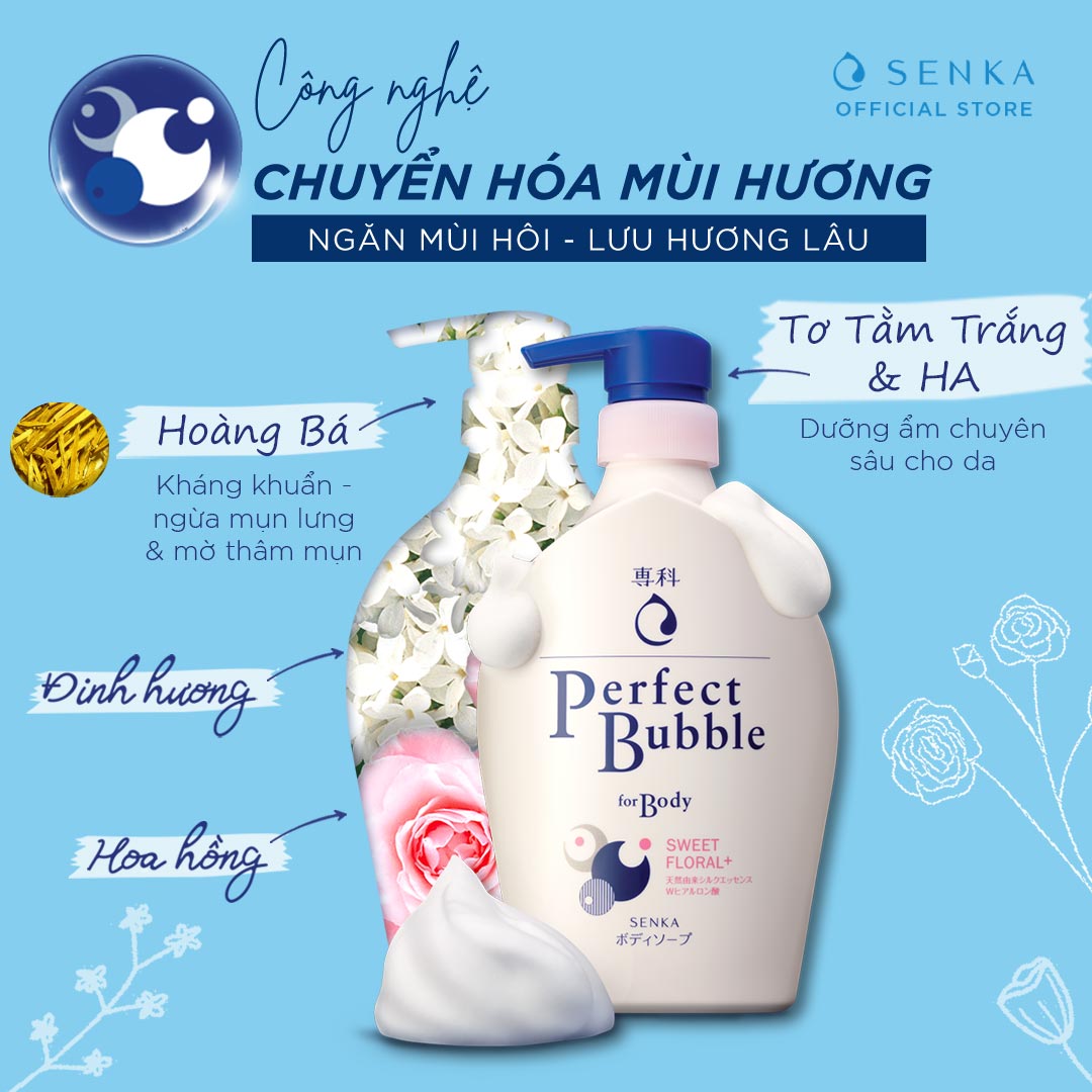 Combo Sữa tắm dưỡng ẩm Senka Perfect Whip hương hoa hồng, đinh hương 500ml và Sữa rửa mặt chiết xuất đất sét trắng Senka Perfect Whip Clay 120g