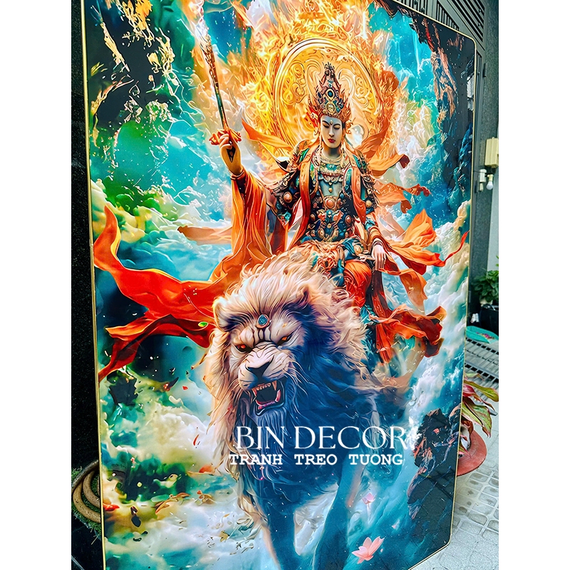 (ẢNH CHỤP) Tranh treo tường tráng gương văn thù sư lợi bồ tát trang trí decor sẵn đinh