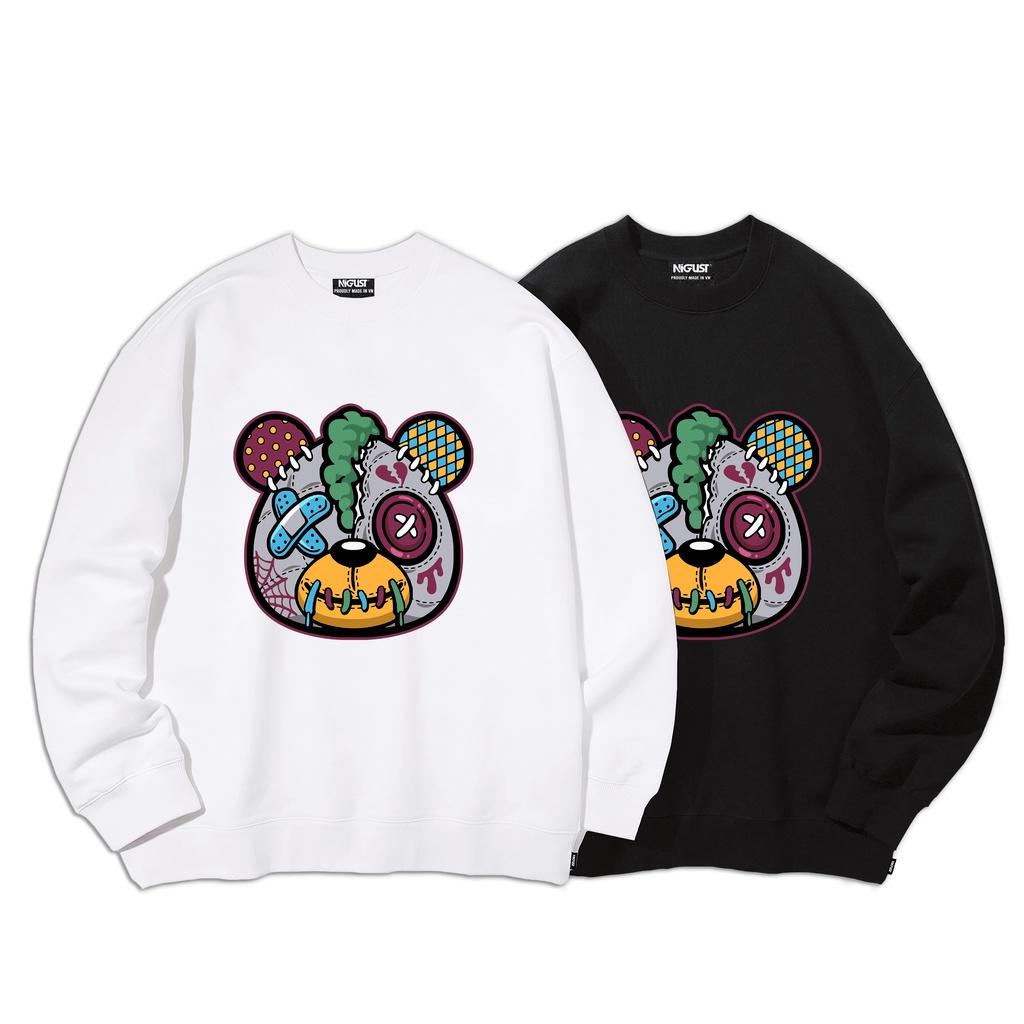 Áo sweater nam nữ local brand NIGUST Misfitz Heartbreak Bear N106 chất liệu nỉ da cá form rộng màu đen trắng Fullbox