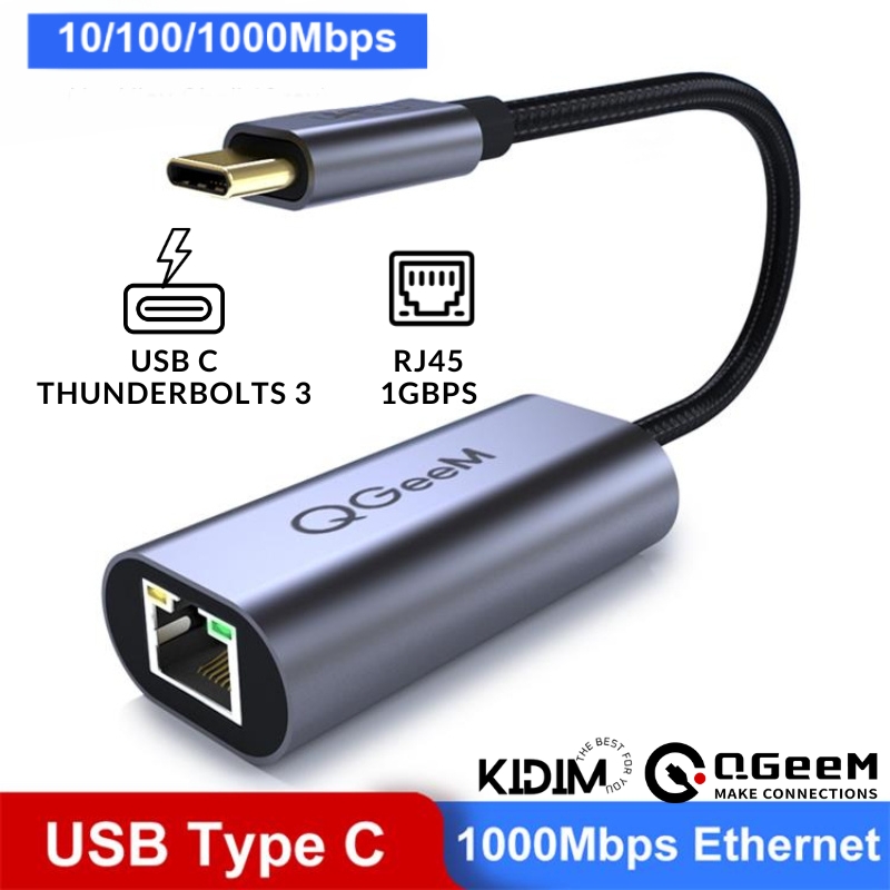 Bộ chuyển đổi QGeeM USB C sang Mạng LAN Ethernet, cáp chuyển đổi Type C sang 1Gigabit Ethernet, Thunderbolt 3 sang RJ45, RJ45 sang USB C-Hàng Chính Hãng