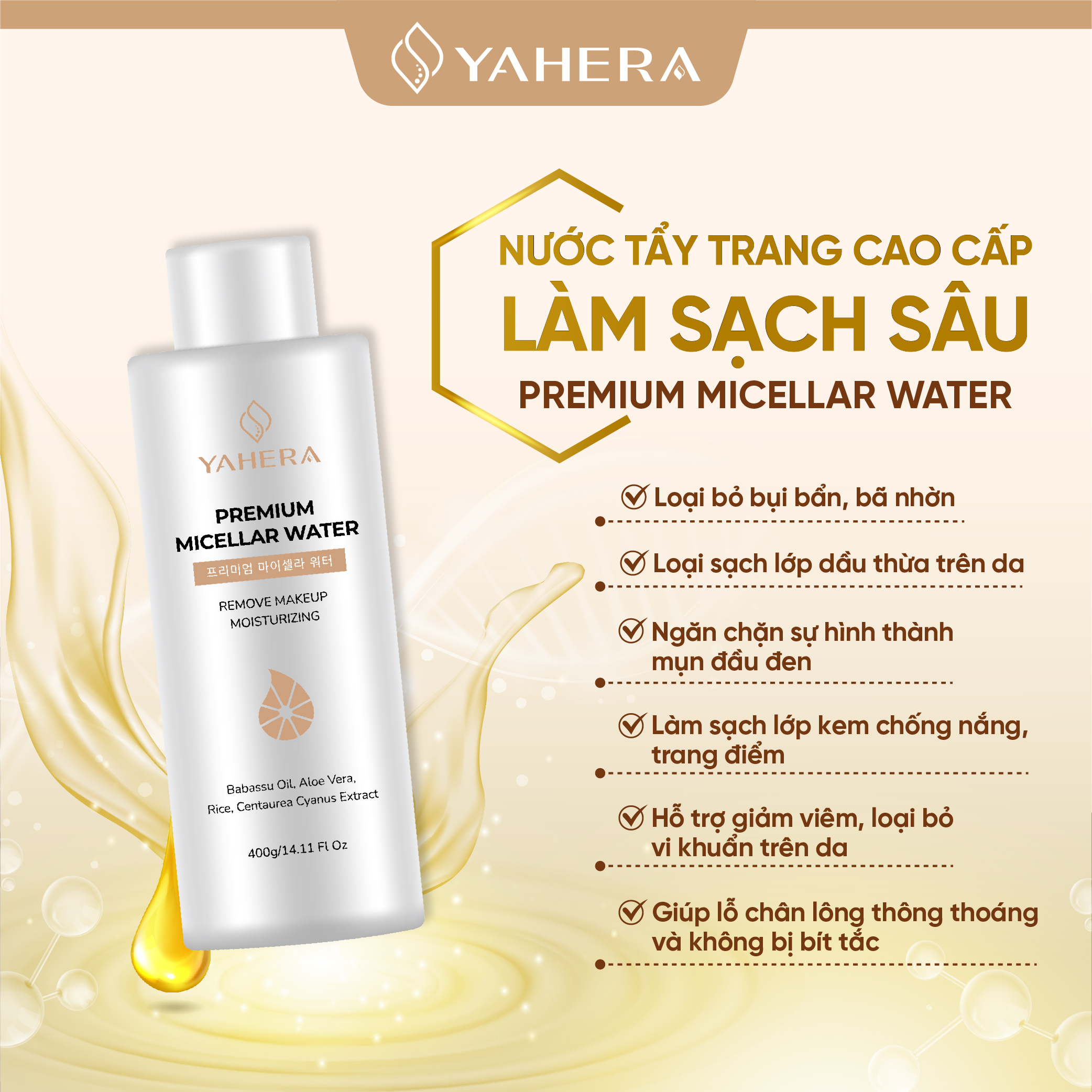 Nước tẩy trang cao cấp làm sạch sâu YAHERA Premium Cleansing Water làm sạch lớp trang điểm, bụi mịn, bã nhờn 400ml