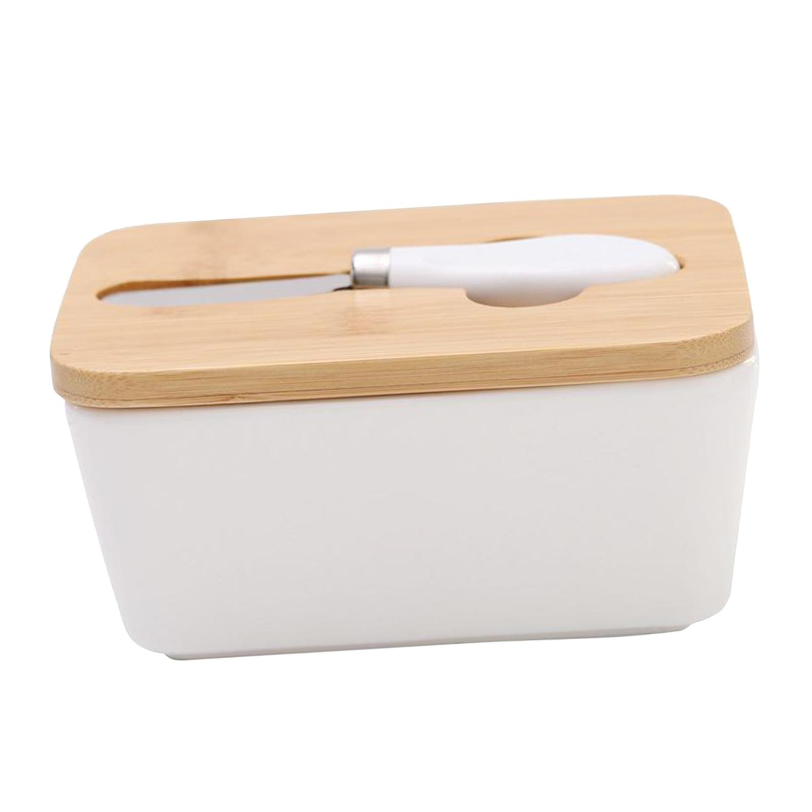 Ceramic Butter Dish Keeper with Wooden Lid and Steel Knife