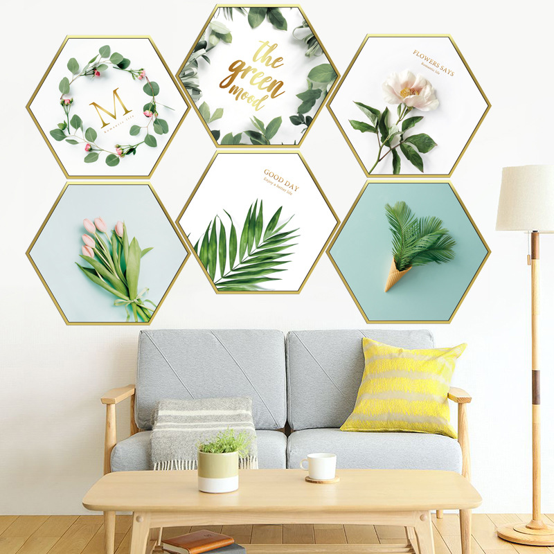 Decal dán tường 3D 6 khung lục giác xanh trang trí phòng khách siêu đẹp, sáng tạo và sang trọng (57 x 98 cm)