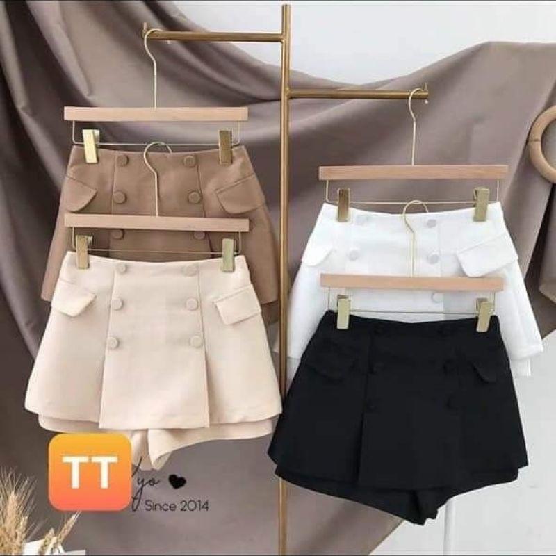Quần giả váy đính cúc mặc kín đáo, 1 màu vàng nâu duy nhất, chất liệu vải thô full size sml