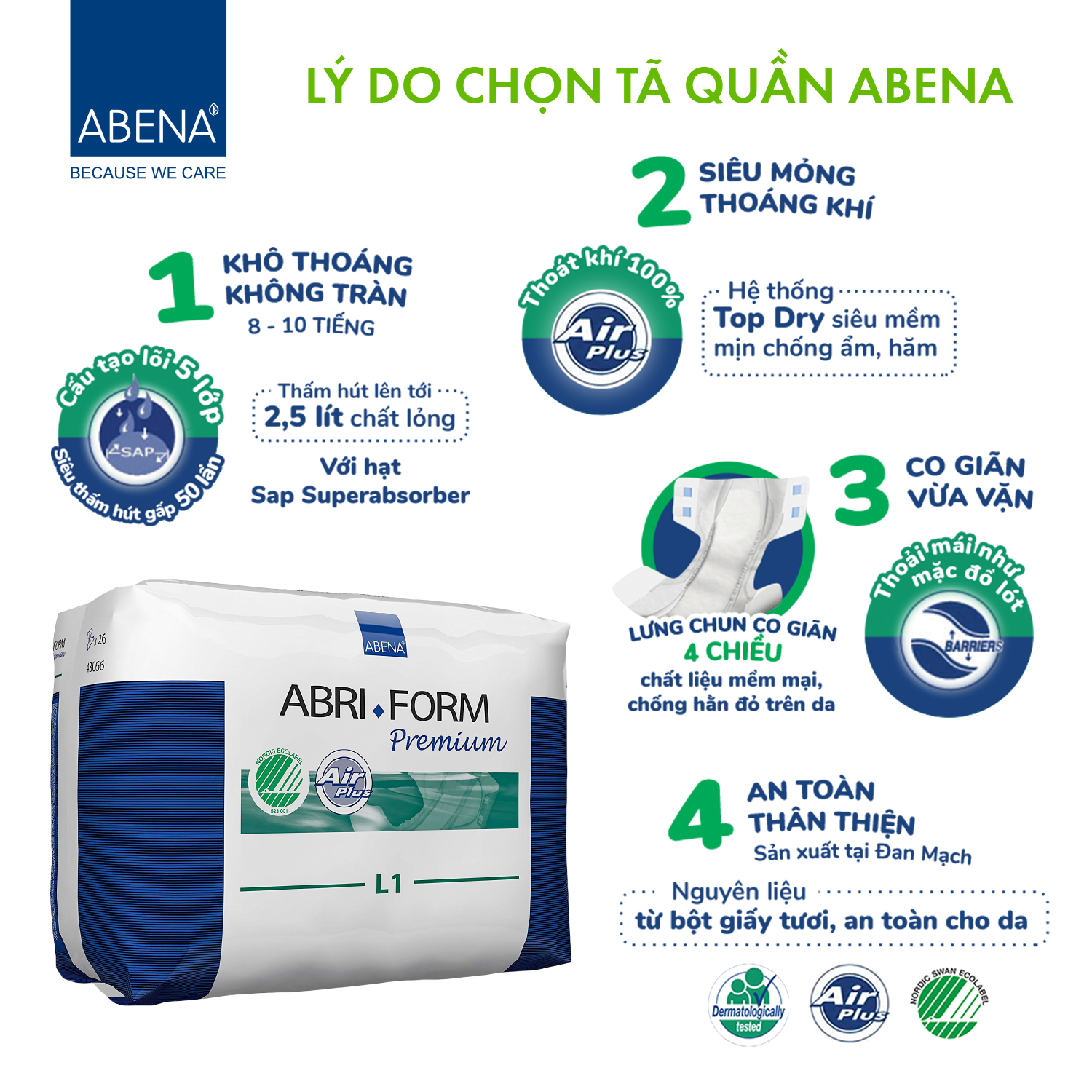 Combo 3 Bịch Tã Dán Người Lớn Abena Abri Form Premium L1 - Nhập khẩu Đan Mạch (Gói 10 Miếng)