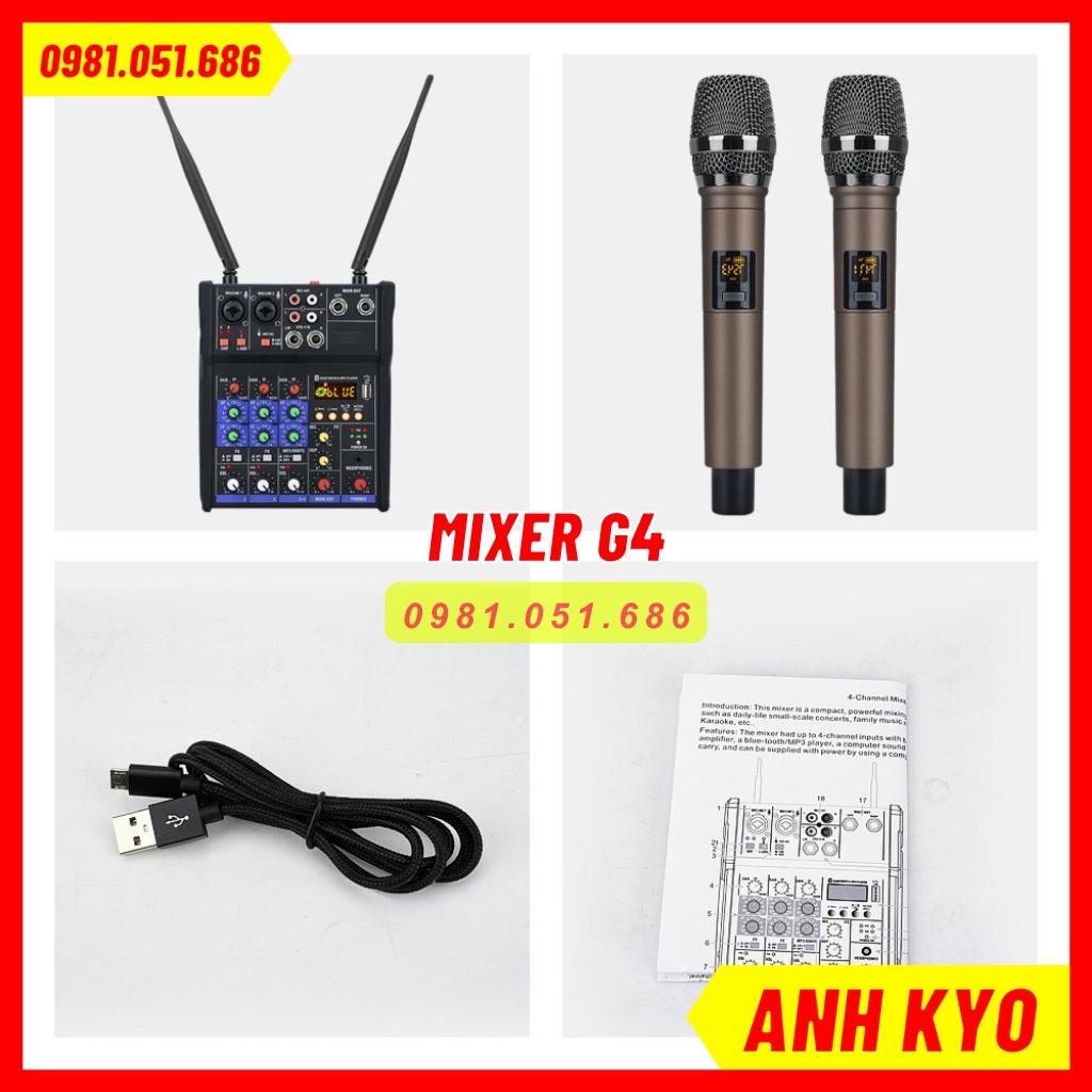 Mixer G4 có tặng kèm 2 tay mic không dây cao cấp, có thể kết nối ra loa kéo, âm ly sử dụng dễ dàng bảo hành 12 tháng