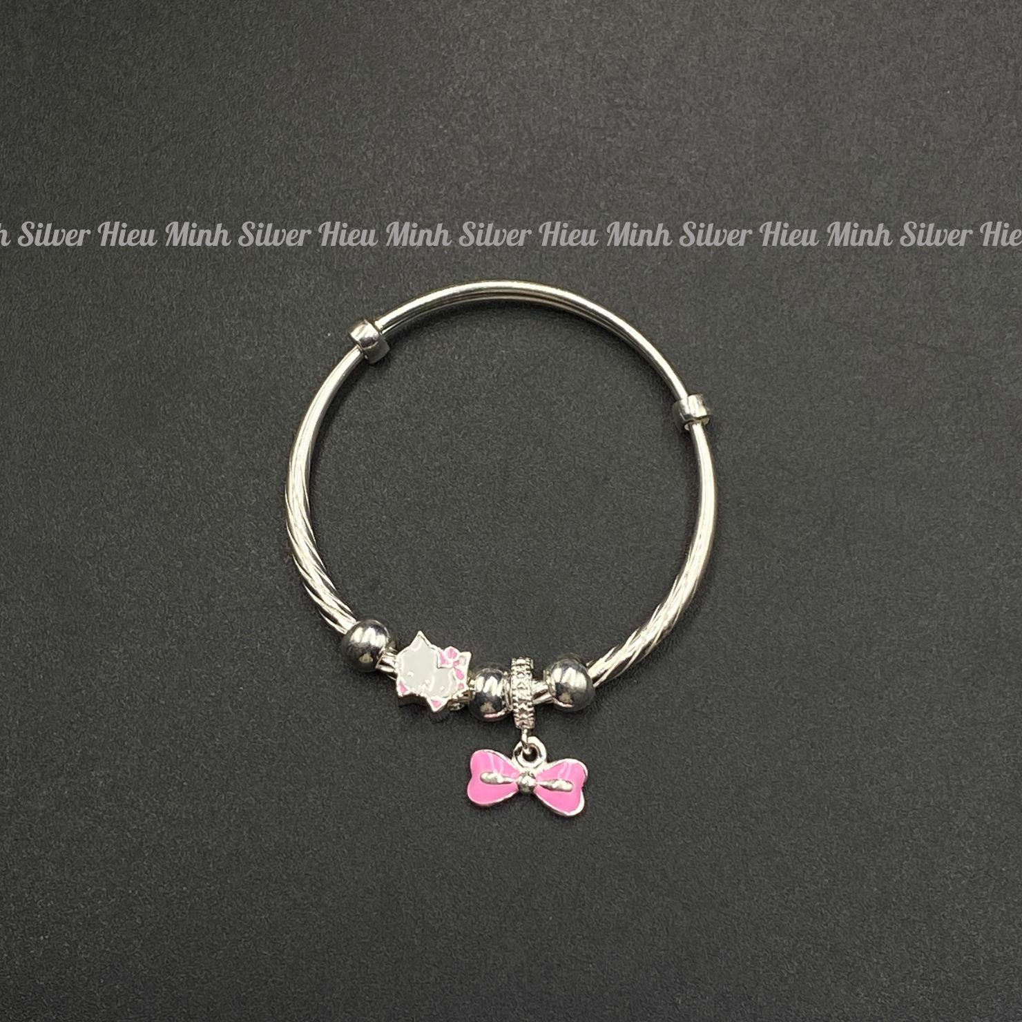 Lắc tay Cho Bé Bạc Ta Mèo Kitty Charm Nơ Bạc Hiểu Minh LTE576