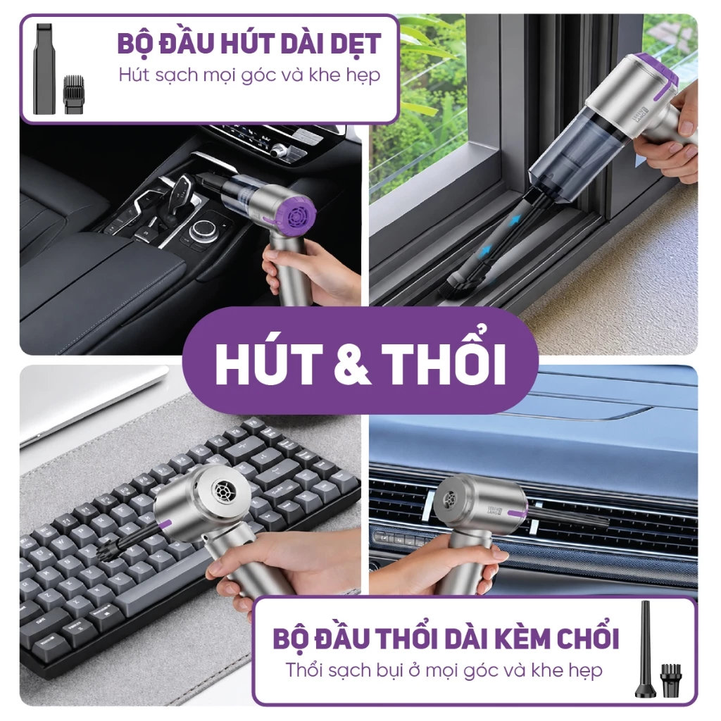 Máy hút bụi cầm tay mini không dây Lê Bên Làng LBL1663, tích hợp hút & thổi 2 trong 1, công suất 12000Pa, pin sạc 2000mAh cho 4h sử dụng - Hàng chính hãng