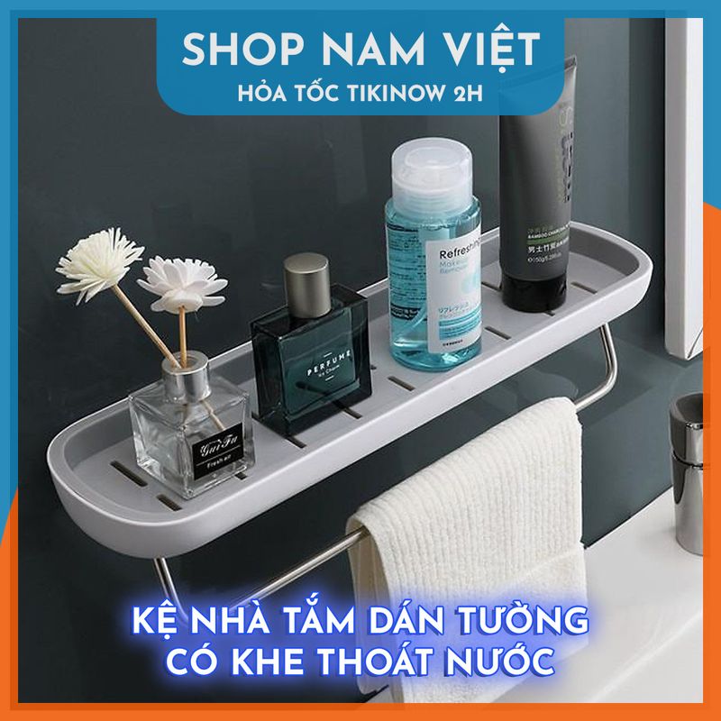 Hình ảnh Kệ Để Đồ Nhà Tắm Dán Tường, Có Móc Treo Khăn, Khe Thoát Nước